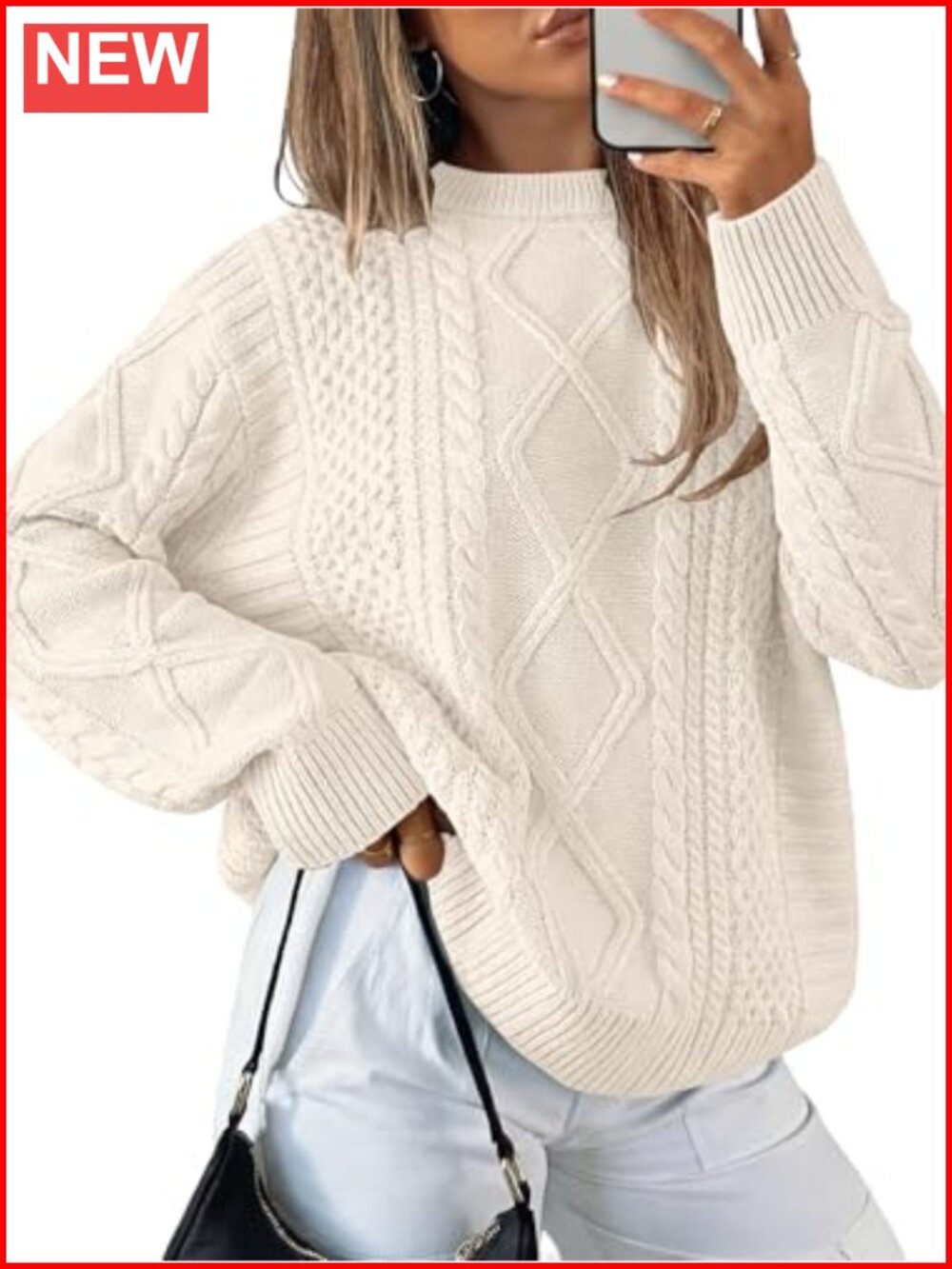Oversized Cable Knit Pullover Sweater Crewneck Long Sleeve Acrylic